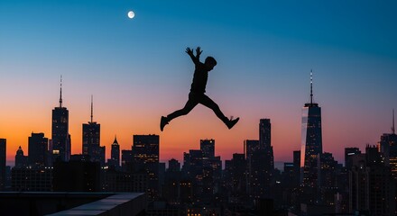 Obraz na płótnie Canvas Silhouette of a joyous person leaping over a vibrant cityscape at sunset, a stunning display of urban energy and freedom.