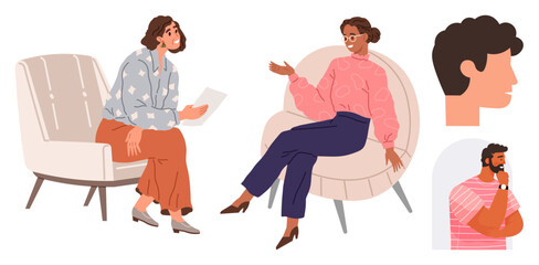 Women engaged in discussion while seated on comfortable chairs, profiles of men in contemplation included. Ideal for mental health, counseling, teamwork, communication, psychology, dialogue