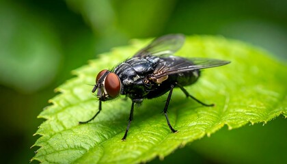 Fototapeta premium Close-up of a fly on a vibrant green leaf