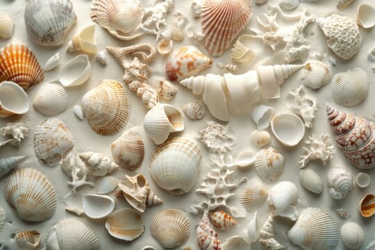 Mixed seashells on soft white surface. Neural network AI generated
