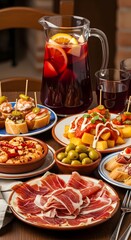 Delicious spanish tapas and sangria arranged on a table for a traditional meal setting up well