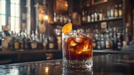A refreshing old fashioned cocktail with an orange slice and ice cubes sits on a polished bar top in a dimly lit, upscale establishment environment scene.