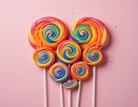 Colorful rainbow swirl lollipops arranged in a heart shape on a soft pink background, symbolizing joy and sweetness. - Powered by Adobe