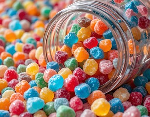 A vibrant cascade of colorful chewy candies spilling from a glass jar, creating a playful and sweet explosion of flavor.