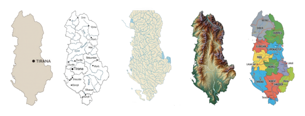 Albania map set including political outline, detailed internal boundaries, rivers, relief, and administrative regions isolated. Comprehensive geographical information.