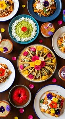 Festive mexican dishes adorned with edible flowers for a vibrant and colorful spread