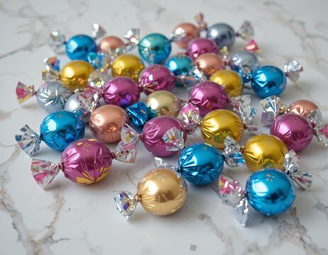Assortment of colorful foil-wrapped candies scattered on a marble surface, evoking sweetness and celebration. - Powered by Adobe