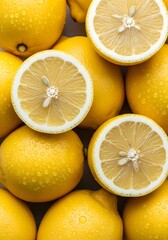 Fresh lemons with water droplets and cut in half bright yellow citrus fruit close up still life shot