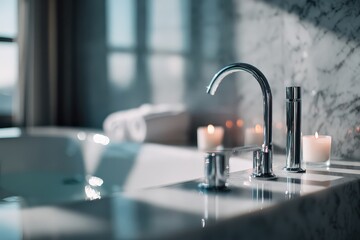 Sparkling clean bathtub displaying reflections and candles at dusk Generative AI