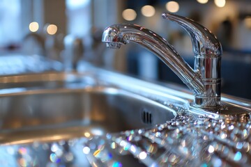 Sparkling clean stainless steel kitchen sink with modern faucet design Generative AI