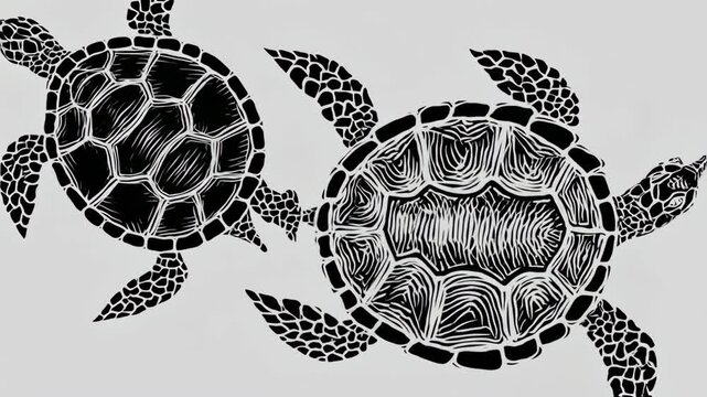 Two stylized sea turtles in black and white
