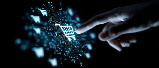 Focused hand touching glowing shopping cart icon in cyberspace