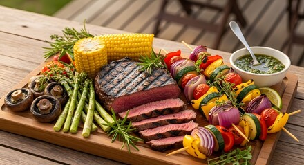 Grilled steak with vegetable skewers and corn on the cob on a wooden serving board outdoors