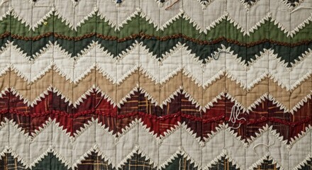 Close-up of a colorful zigzag patterned quilt with green, white, tan, and red colors.