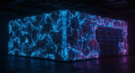 Cyberpunk Server Room Glowing Energy and Digital Infrastructure