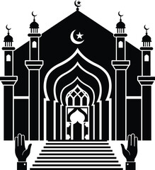 Islamic mosque silhouette with crescent moon, raised prayer hands, minarets, ornate entrance, and geometric arches, ideal for religious, cultural, and spiritual themes