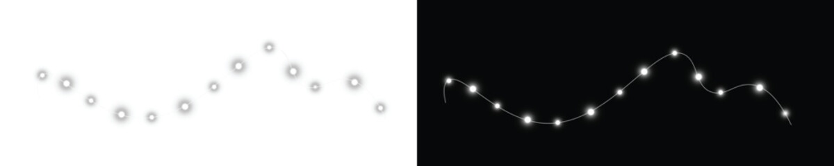 Decorative string lights overlay on contrasting backgrounds, featuring glowing orbs and twinkling stars, ideal for enhancing festive designs and creating enchanting atmospheres