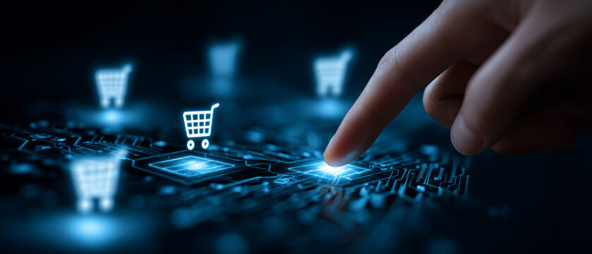 Focused hand touching digital shopping cart icon for online service - Powered by Adobe