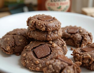 Fototapeta premium Delicious chocolate cookies topped with rich chocolate pieces and crunchy bits, a tempting treat