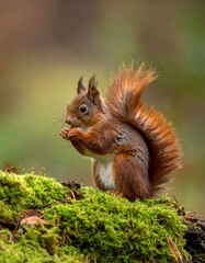 Fototapeta premium Charming Red Squirrel Enjoying a Nutty Snack in Its Natural Habitat on a Mossy Surface