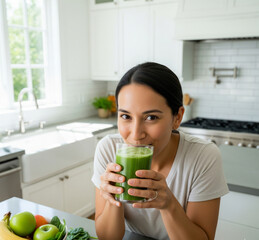 portrait of a woman holding a glass of juice