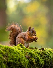 Red Squirrel Eating a Nut on a Mossy Log in a Forest A Wildlife Portrait