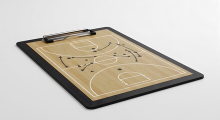 Basketball Coach's Clipboard with Game Strategy Diagram on a Hardwood Court Pattern, Illustrating Tactical Plays and Player Movements for Sports Pl...