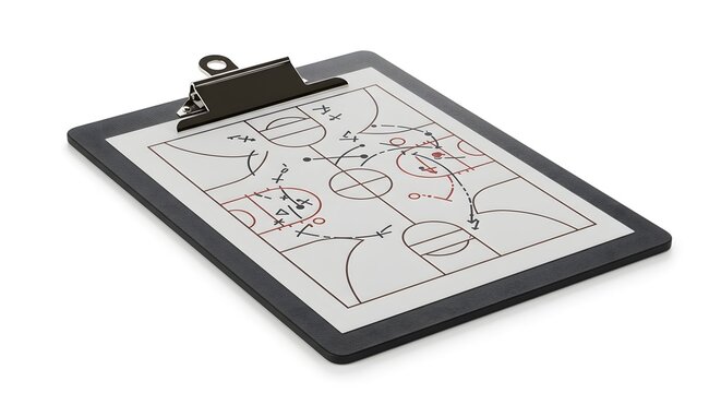 Basketball Strategy Diagram on Coach's Clipboard with X's and O's, Game Plan and Tactical Coaching Illustration Isolated on White