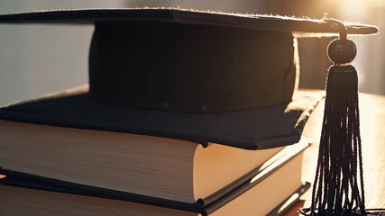 Close-up, side angle of a graduation cap on stacked books, bathed in warm sunlight. Ideal for educational video themes and academic success concepts.