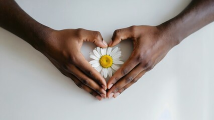 Hands forming heart shape around daisy