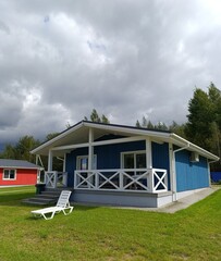 a sample blue house in Scandinavian style