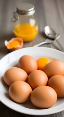 Still life of eggs and yolks in jar on plate with spoon on a wooden table surface top