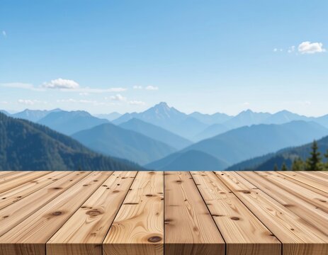 Empty wooden deck overlooking a vast, serene mountain range under a clear blue sky