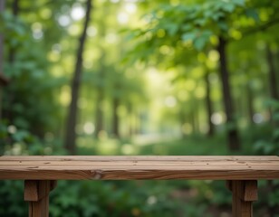 Naklejka premium Empty wooden table in a sunlit forest clearing, inviting nature exploration.