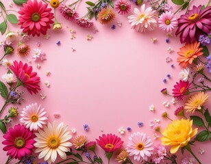 Fototapeta premium Vibrant spring flowers arranged in a delicate frame on a soft pink background