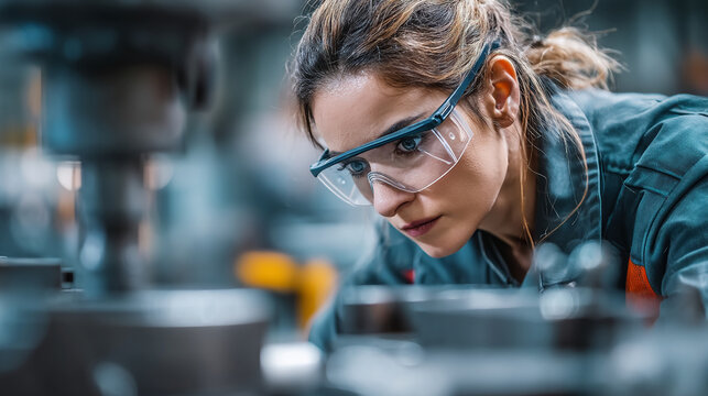 A woman in safety glasses working with machinery in a factory environment with focus and precision - Powered by Adobe