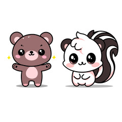 hand drawn cute cartoon bear and skunk vector illustration
