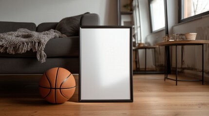 Photo of a black modern poster mockup frame leaning against sofa with blank white paper inside in contemporary room with basketball and stylish furniture studio product photography