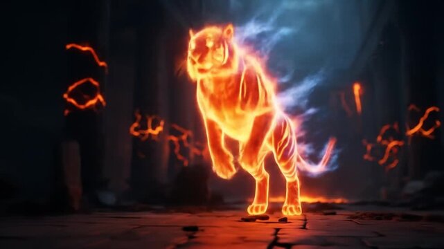 Fiery spectral tiger leaping through ancient ruined temple with glowing embers.