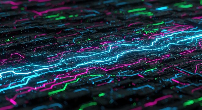 Abstract digital circuit board with glowing neon blue, pink, and green lines representing data flow and technology.