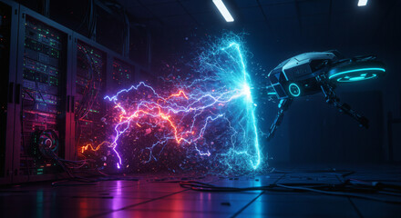 Dynamic energy discharge between futuristic drone and server racks, symbolizing high-speed data transfer and cybersecurity in a modern data center environment