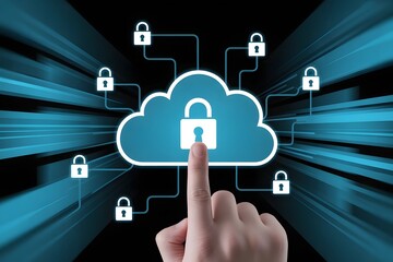 Hand touching cloud with lock, data protection and security concept on blue