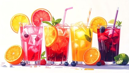 Vibrant array of refreshing fruit drinks in tall glasses, adorned with citrus slices, berries, and ice, creating a visually appealing and colorful image.