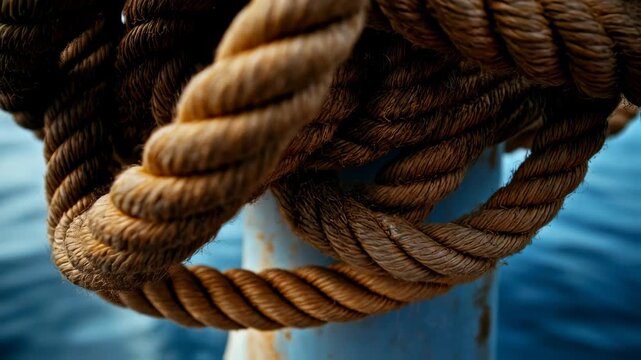 Detailed view of ship rope with knotted patterns with an ocean view for nautical themes