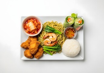 Delicious asian cuisine featuring noodles, shrimp, spring rolls, and kimchi presented beautifully on a plate
