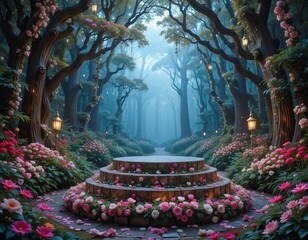 Obraz premium Enchanting forest clearing with a floral tiered stage illuminated by lanterns, evoking magic and wonder.