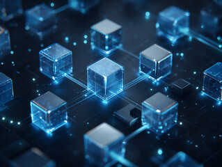 Futuristic blockchain technology with glowing digital cubes.