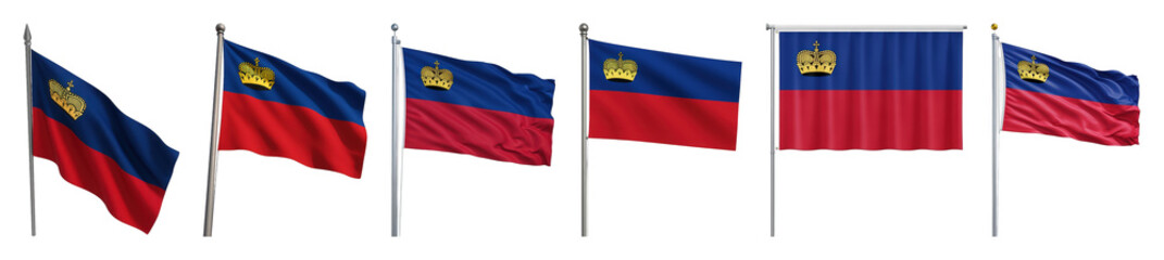 Obraz premium Liechtenstein flag set including waving, vertical, and various display angles isolated. National symbol for country representation.