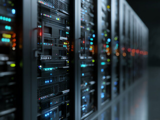 Close-up view of illuminated server racks in a data center.