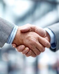 Closeup of a firm handshake between business professionals, with blurred office background, ideal for financial or legal service ads. High quality